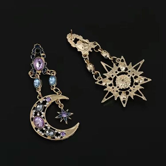🔅🆕🔅 🌙 💜 Elegant Crystal Sun Moon Drop Long Earrings ☀️🌙✨ - Picture 3 of 11